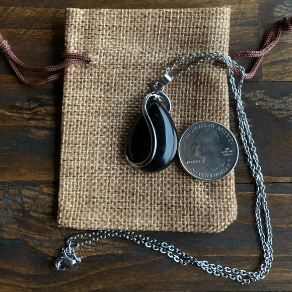 Brand New Black Obsidian Drop Pendant with Stainless steel Chain - Picture 3 of 4